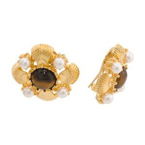 BEN AMUN Made In Usa 24k Gold Plated Stone And Pearl Earrings